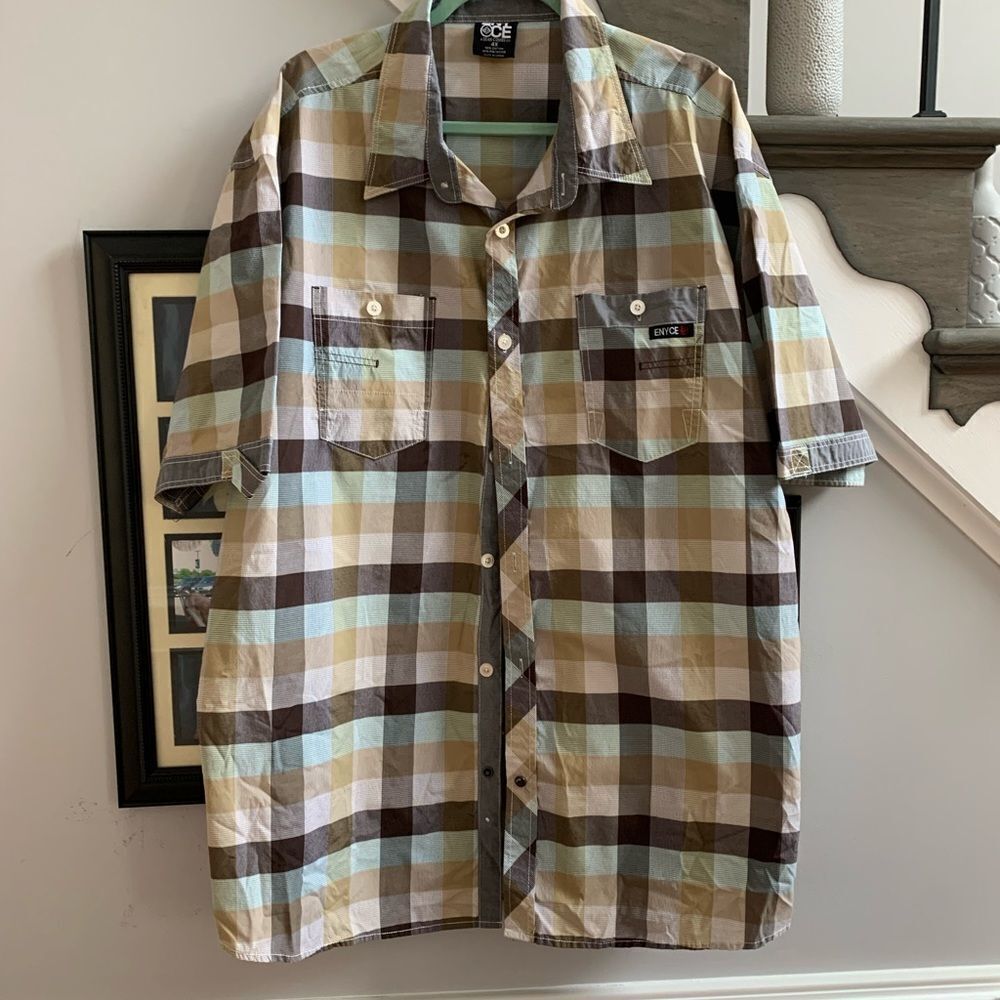 Enyce Brown& Blue Plaid Short Sleeve Button Down Shirt sz 4X EUC